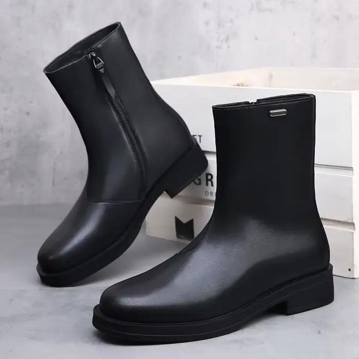 Élégant genou haute plate-forme moto bottes talons épais Punk Botas New Rock cuir hommes chaussures hautes mode mâle bottines