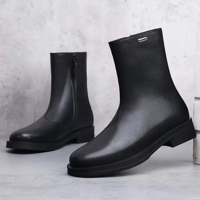 Élégant genou haute plate-forme moto bottes talons épais Punk Botas New Rock cuir hommes chaussures hautes mode mâle bottines