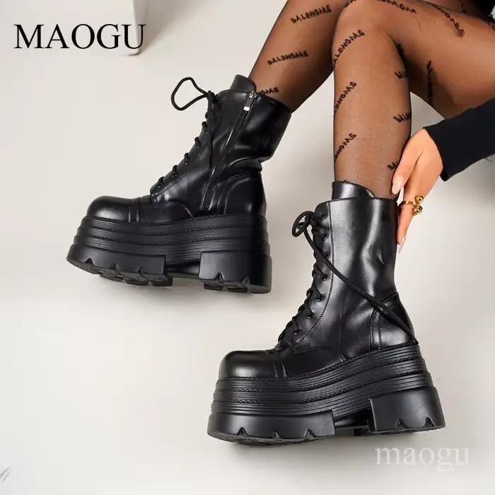 Bottes à plateforme en cuir noir pour femmes, semelle épaisse, hauteur accrue, mi-mollet, taille 36-43, chaussures de style urbain