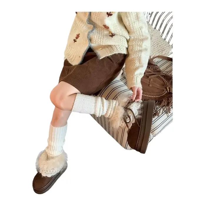 Bottes courtes d'hiver à semelle épaisse en fourrure, bottes de neige Faer Island, doublées de polaire, chaussures en coton rehaussantes pour femme, pour l'extérieur