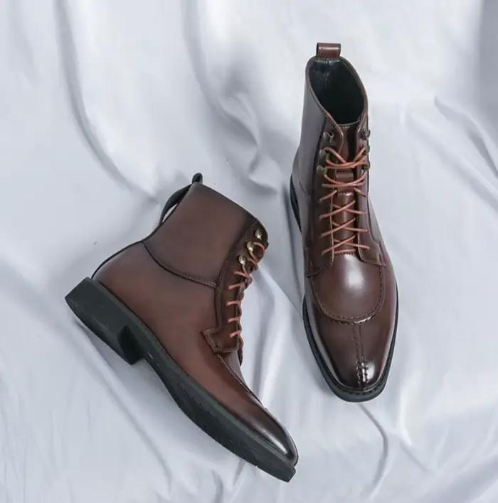 Bottes en cuir pour hommes britanniques mode pointu robe d'affaires botte à lacets