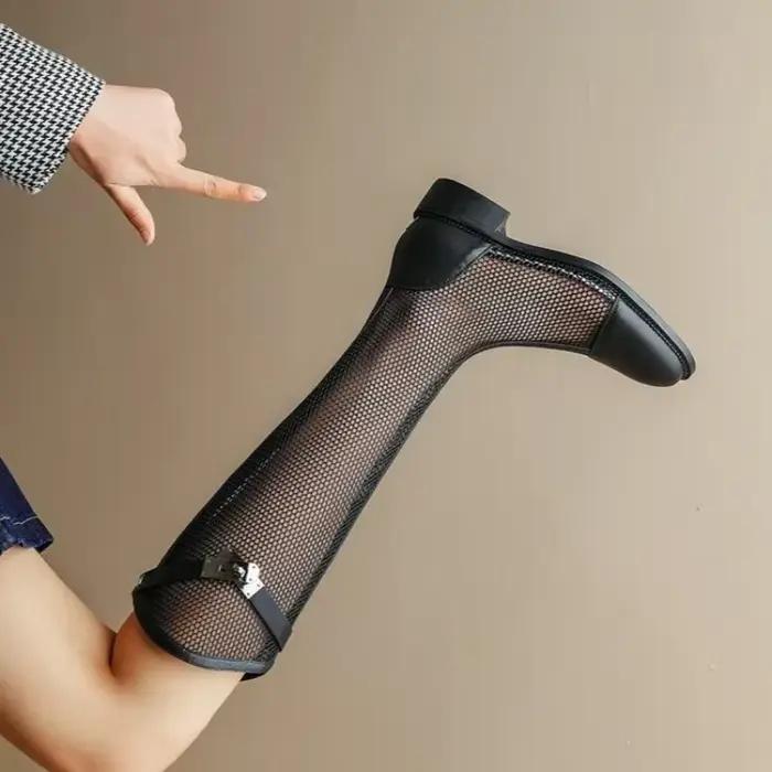 Bottes hautes en maille au genou pour femmes, bottes de chevalier en maille respirante à bouche en V, talon optique, bottes longues creuses pour femmes, été