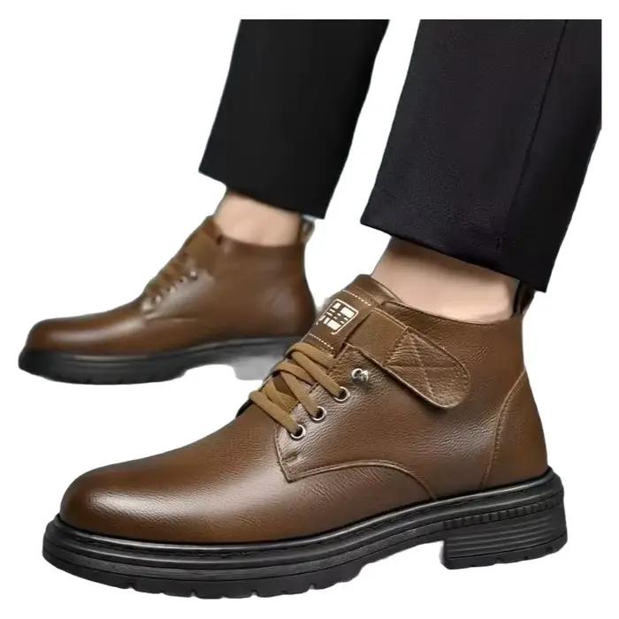 Bottes d'hiver pour hommes en cuir et coton à tige haute, doublées de polaire, antidérapantes, polyvalentes, chaussures décontractées pour toutes les saisons