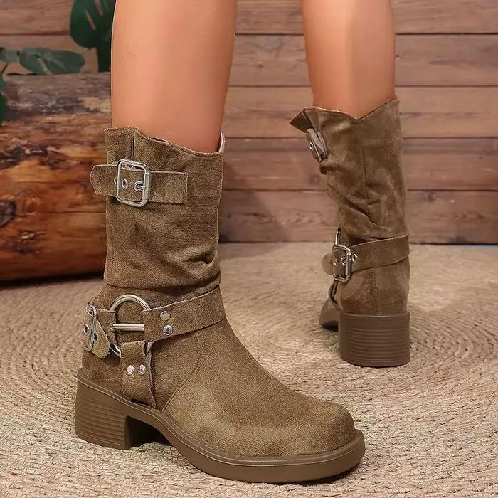 Bottines Slouchy en Faux Daim Kaki pour Femme, Collection Automne 2026, avec Boucle et Talon Épais, Bottines Courtes Style Motard Grande Taille 42
