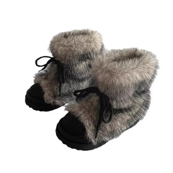 Mn-Bottes de neige d'hiver en fausse fourrure pour femme, bottes de neige astronomiques optiques coordonnantes avec plus velours et grosse tête, bottes en coton