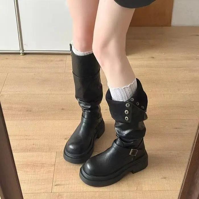 Bottes hautes pour femmes en synthétique avec revers pliables pour style de rue printemps automne occassions multiples occasions spéciales