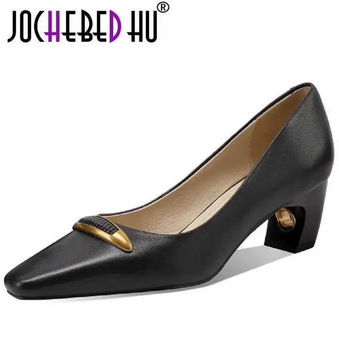 【JOCHEBED HU】Chaussures en cuir véritable faites à la main pour femmes, talons mi-hauts, bout carré, chaussures de bureau pour femmes, Tacones Career Capable 33-43