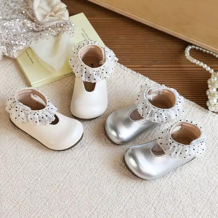 Chaussures à volants à pois pour petites filles, chaussures en cuir pour enfants pour fêtes, mariages, chaussures de princesse élégantes pour enfants, chaussures de performance, adorables