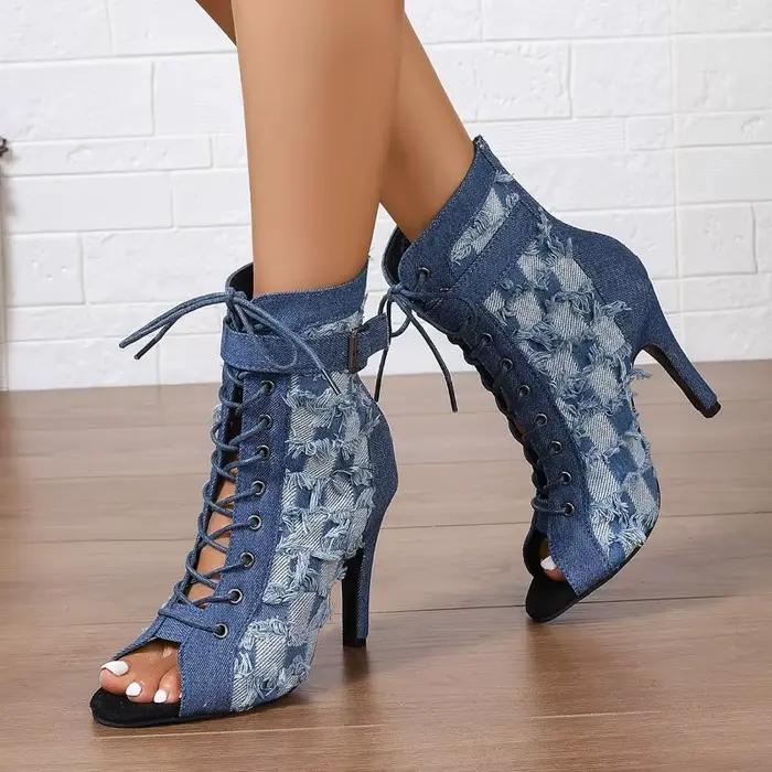 Denim femmes Peep Toe bottines mode élégant respirant chaussures à talons hauts