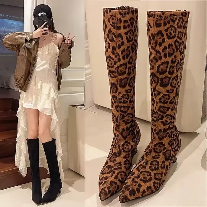 Nouveau bout pointu genou bottes hautes femmes daim léopard talons chaussures marque Sexy bottes d'hiver chaussures habillées pour femmes pompes Botas Mujer