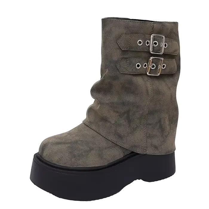 Bottines mi-mollet punk pour femme à plateforme, double boucle, style décontracté, semelle épaisse, bottines courtes, automne-hiver, doublées chaudes, bottines quotidiennes