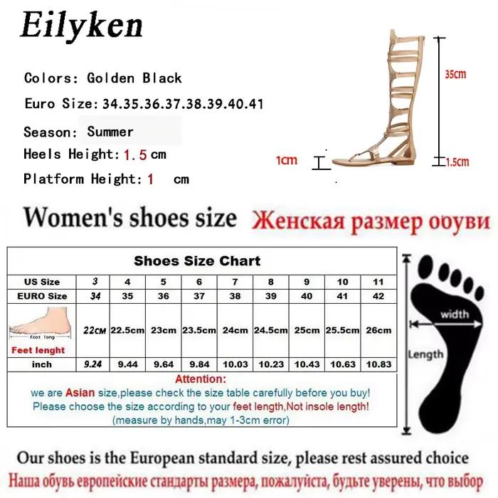 Eilyken 2026 nouveau gladiateur doré romain femmes bottes sandales en cuir PU bout ouvert genou haute Rivet loisirs chaussures plates