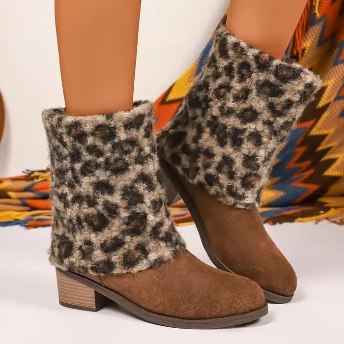 Léopard polaire talon épais mi-mollet bottes femmes hiver luxe daim concepteur