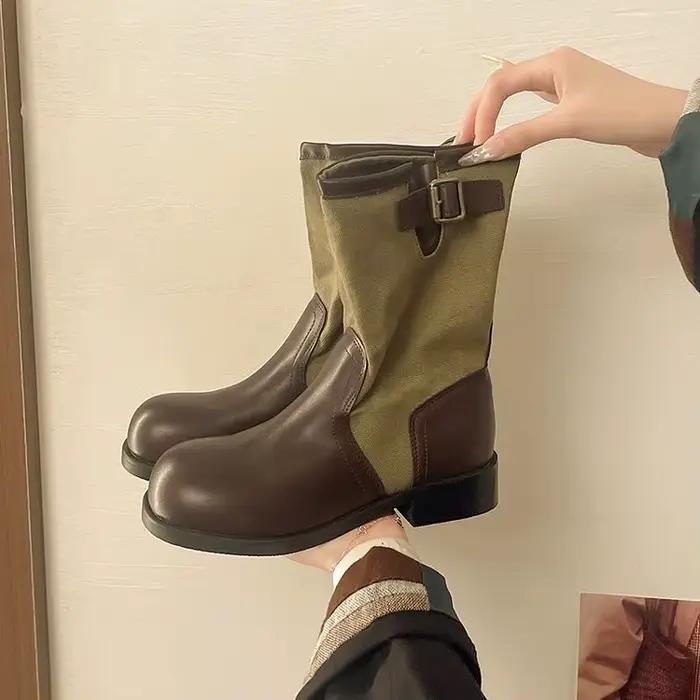 Nouvelles bottes de cowboy rétro pour femme, à empiècements, style western, à double usage, à tige large, à talon épais, à bout carré, type bottes de chevalier