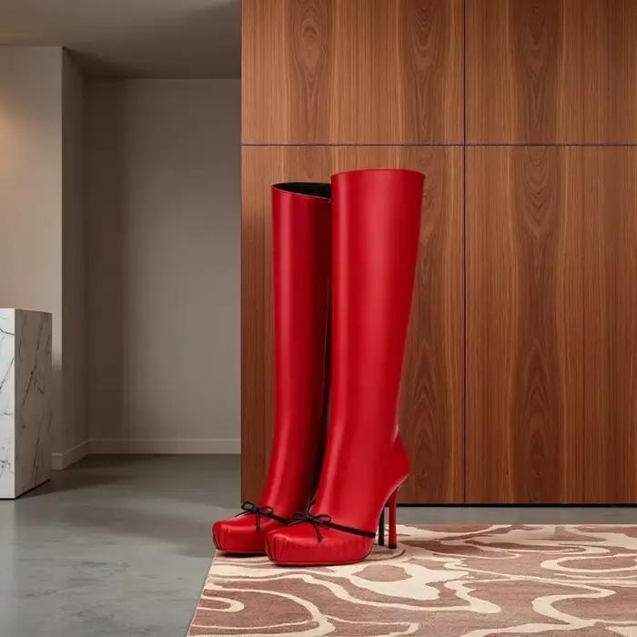 Bottes pour femmes de style européen et américain, élégantes, mi-mollet, avec mini nœud décoratif, talons hauts, chaussures de soirée tendance