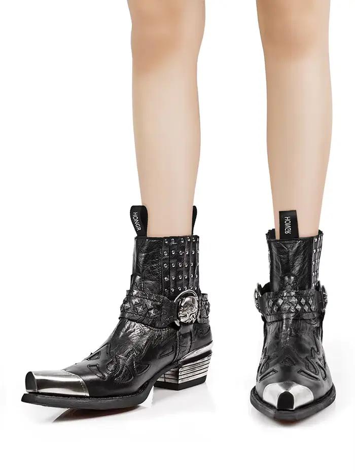 Garniture métallique bout pointu bottes pour femmes plate-forme haute talon épais