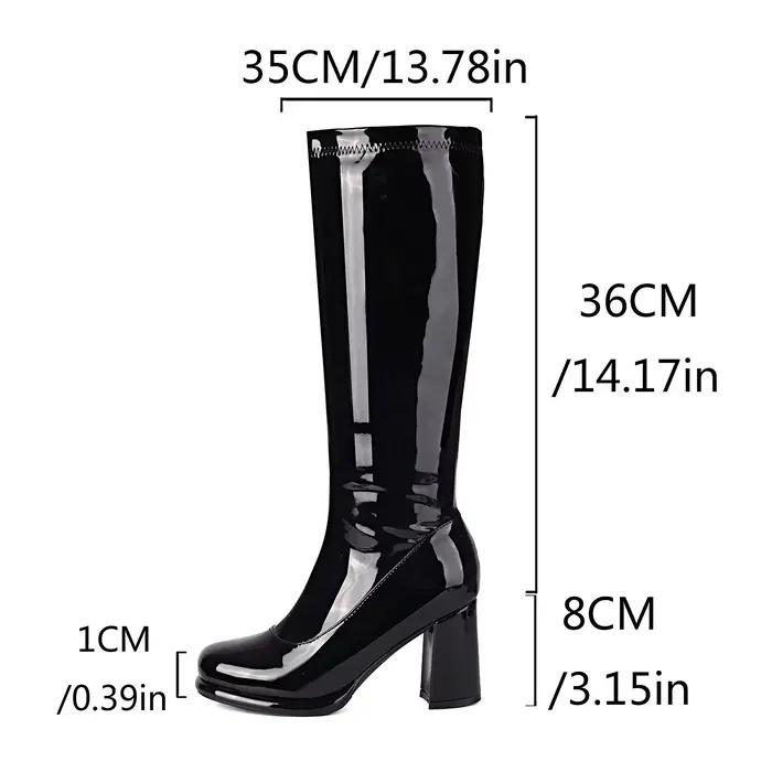 Bottes hautes en cuir verni pour femmes, bout carré, talon épais, plateforme, bottes habillées, bottes longues à fermeture éclair pour soirée