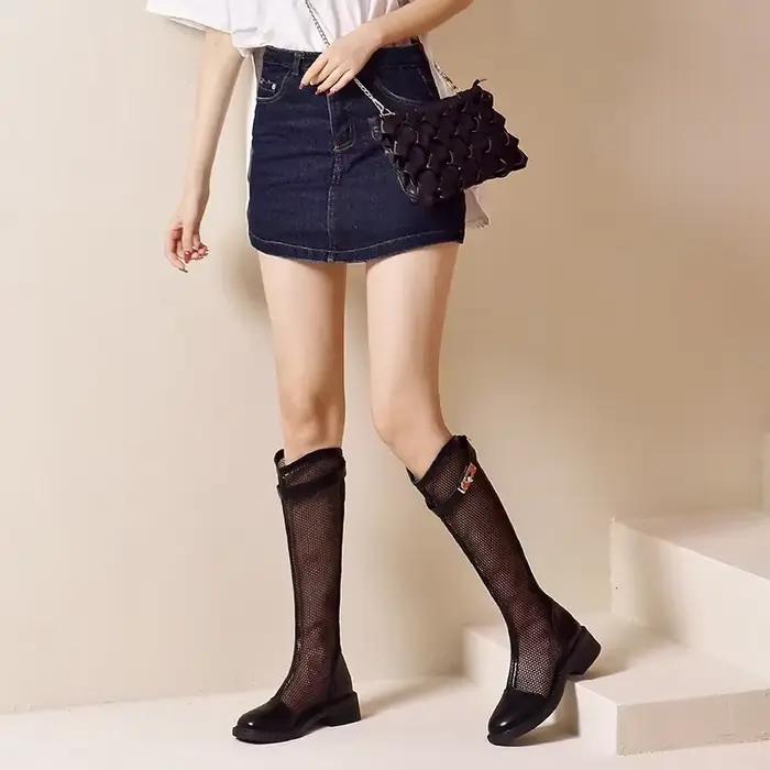 Bottes longues froides pour femmes, bottes à talons, chaussures en maille au genou, surface optique, tout porter, été, nouvelle mode, 2024