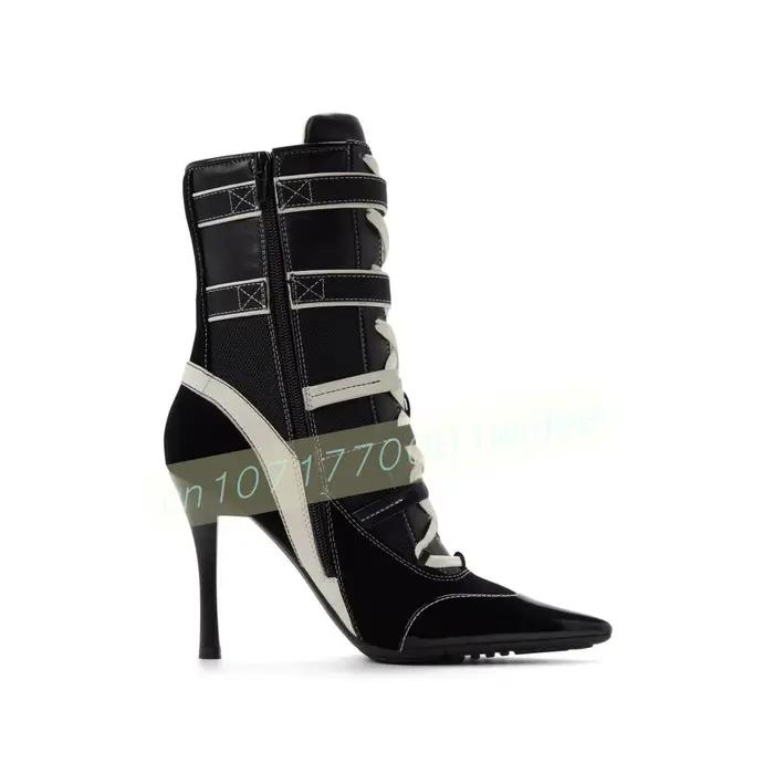 Bottines à talons aiguilles et bout pointu pour femmes, en similicuir, avec lacets et fermeture éclair arrière, pour soirées en boîte de nuit, chaussures courtes pour femmes