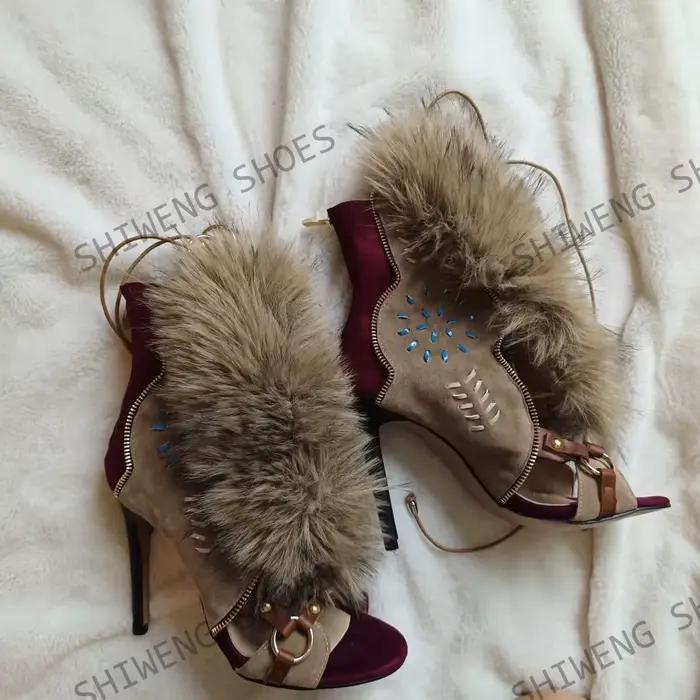 2025 fourrure bottines femmes Sexy mode bottes à lacets chaussures à talons hauts dames astucieux fête évider grande