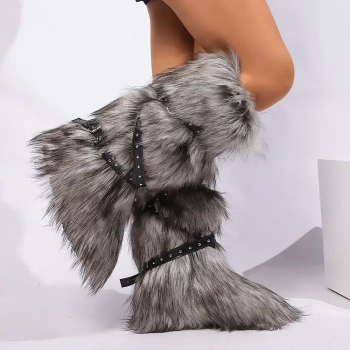 Bottes à plateforme mi-mollet avec ceinture en fourrure animale rouge pour femme, Parker rond, peluche, chaud, sans lacet, rivet, chaussures de piste, sexy, hiver