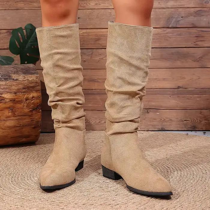 Bottes mi-mollet souples en faux daim beige pour femme, collection automne 2026, à bout pointu et talon bas, confortables, style Slouch Botas Mujer