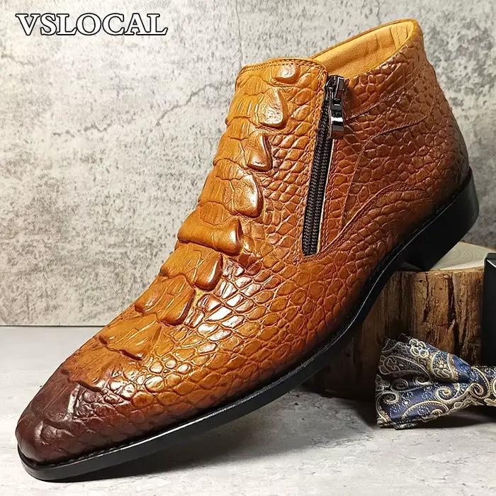 Marque de luxe hommes bottines chaussures noir marron Crocodile imprime fermeture éclair Chelsea bottes