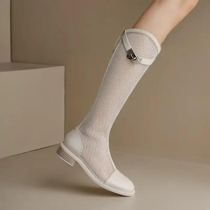 Bottes hautes en maille au genou pour femmes, bottes de chevalier en maille respirante à bouche en V, talon optique, bottes longues creuses pour femmes, été