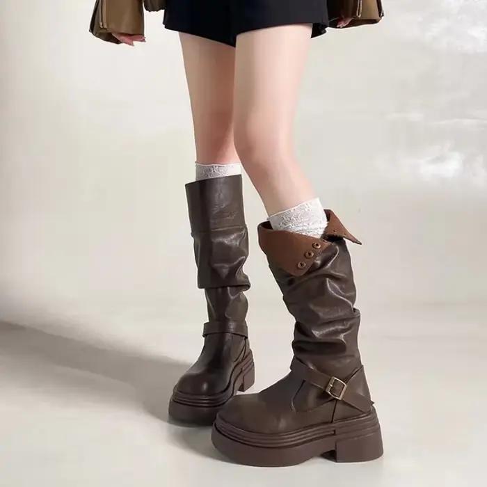 Bottes hautes pour femmes en synthétique avec revers pliables pour style de rue printemps automne occassions multiples occasions spéciales