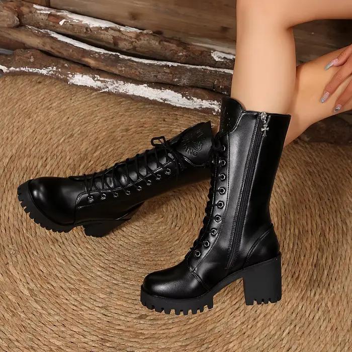 Bottes élégantes à talons épais pour femmes style britannique bottes noires à lacets confortables mi-mollet avec fermeture éclair polyvalentes pour homme occassions spéciales