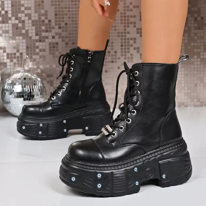 Goth nouveau Punk femmes plate-forme bottines femme Rock bout rond à lacets mode rétro grosses chaussures décor en métal chaussons courts