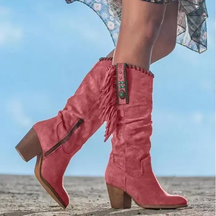 Femmes bottes hautes tendance rétro boucle en métal bout pointu talon épais gland Western Cowboy bottes femme chaussures Botas De Mujer 2024