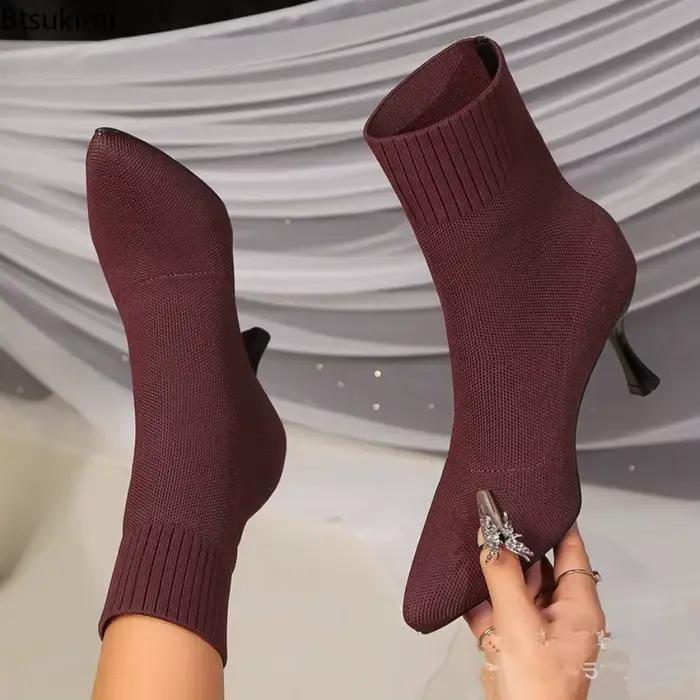 Nouveau printemps automne femmes bottes Style court talons hauts chaussures pour femmes tricoté bottines chaussette noire femmes talons bottes femme