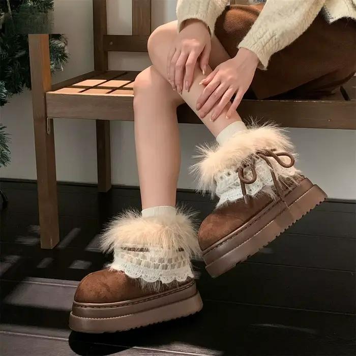 Bottes courtes d'hiver à semelle épaisse en fourrure, bottes de neige Faer Island, doublées de polaire, chaussures en coton rehaussantes pour femme, pour l'extérieur