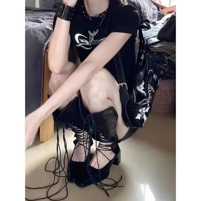 Bottes longues ajourées pour femmes, à talon haut, style chevalier, respirantes, avec fines lanières, semelle en caoutchouc, en cuir synthétique