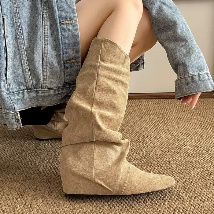 Kaki Faux daim mi-mollet bottes pour femmes 2025 mode bout pointu plissé
