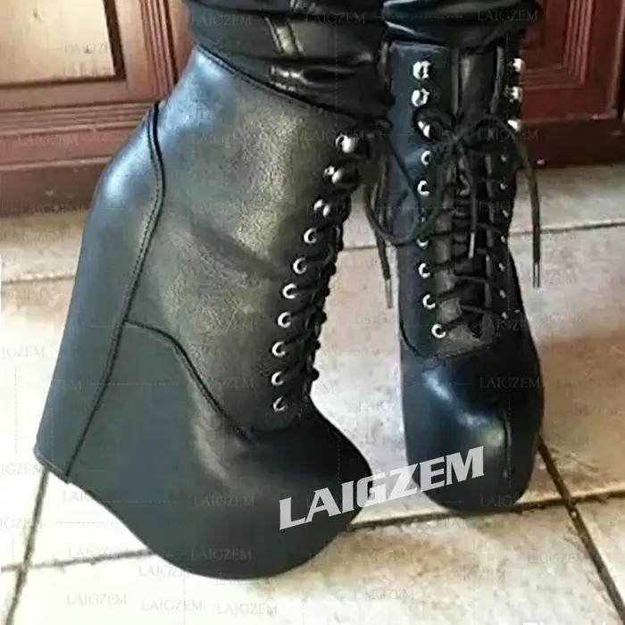 LAIGZEM – bottines à plateforme pour femmes, talons hauts de 17CM, à lacets, en simili cuir, chaussures courtes pour club, grande taille 39 41 47