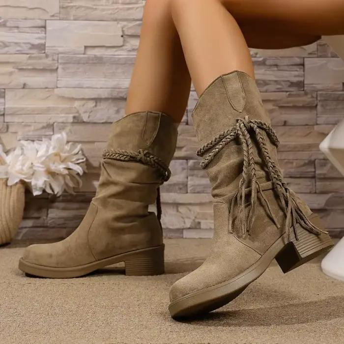 Femmes bottes tendance rétro talon épais gland Western femme chaussures Botas De Mujer Long Tube mince Look empilé moyen Tube bottes