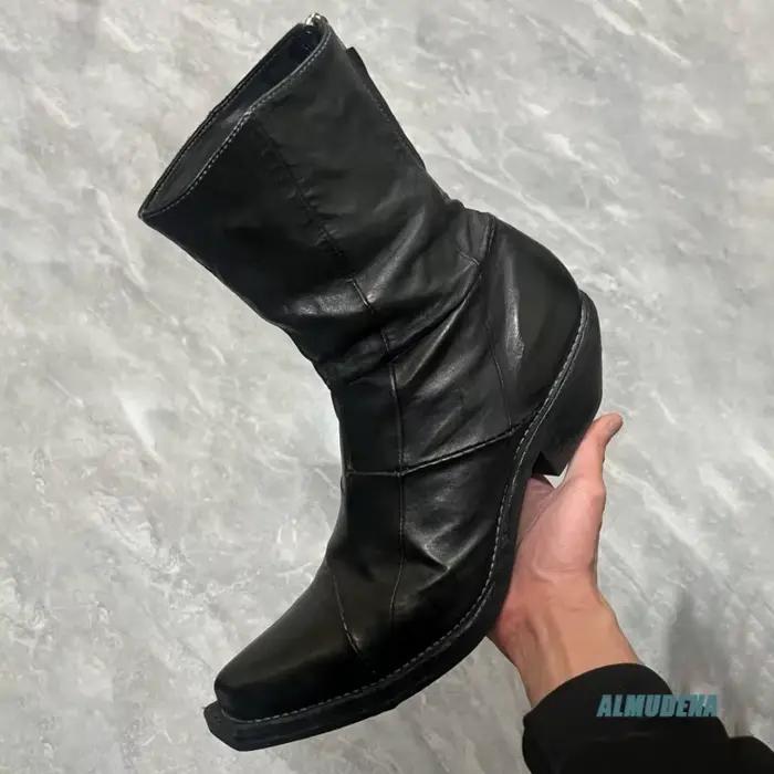 Bottines en cuir noir style streetwear pour homme, bout carré, talon cubain, fermeture éclair arrière, chaussures décontractées pour tous les jours