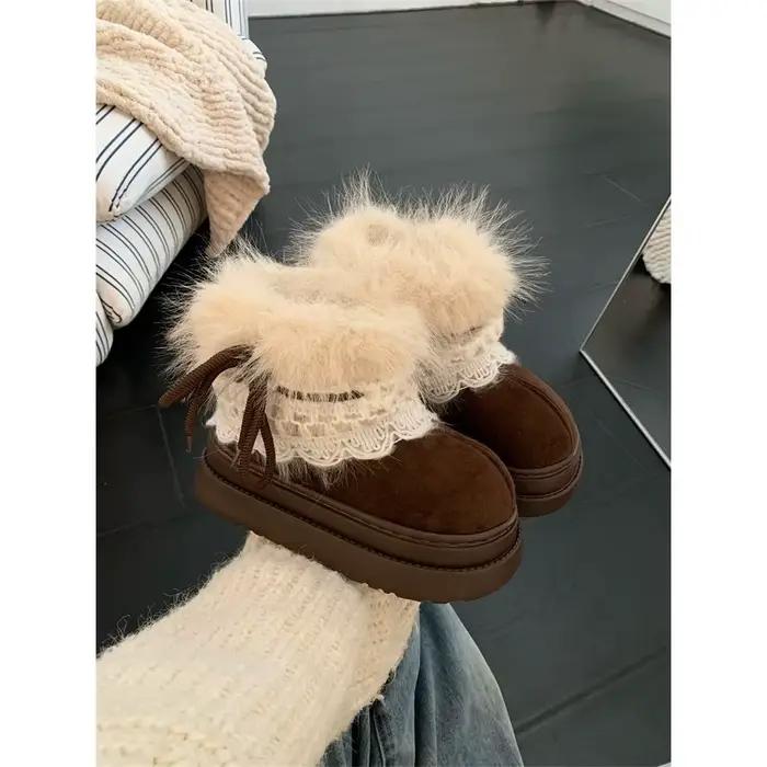 Bottes courtes d'hiver à semelle épaisse en fourrure, bottes de neige Faer Island, doublées de polaire, chaussures en coton rehaussantes pour femme, pour l'extérieur