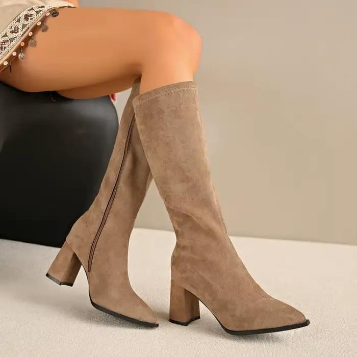 Nouvelles Bottes Longues Femme en Daim Élégantes et Tendance à Talons Hauts 2026 – Chaussures de Soirée Hiver