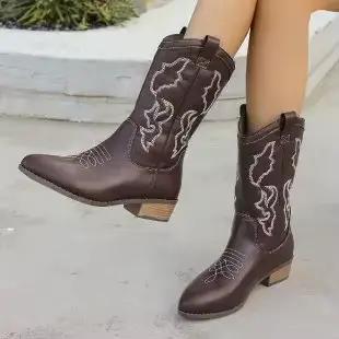 Bottes pour femmes grande taille, style automne/hiver, broderie colorée, talon épais, bout pointu, polyvalentes, à large ouverture
