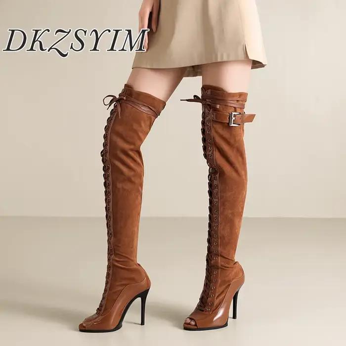 Nouvelles bottes au-dessus du genou pour femmes, talons aiguilles en daim, chaussures de danse, chaussures de soirée à talons hauts, bottes mi-cuisses pour femme