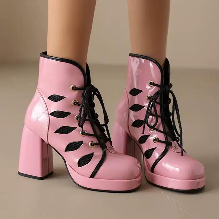 Femmes bout rond talon carré bottes courtes printemps et automne à lacets imperméable robe de Table fête confortable décontracté vêtements de travail 288-3
