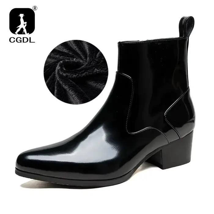 Bottes à plateforme en cuir verni pour hommes avec talons, chaussures chaudes d'hiver de luxe en cuir de vache véritable, augmente la hauteur de 5 Cm, fermeture éclair latérale, sans lacets