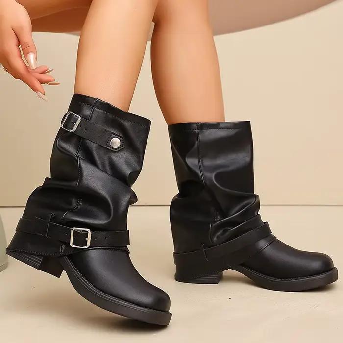 Bottines Western marron en cuir PU pour femme, style vintage, à talon carré, avec plusieurs boucles, taille 42, pour l'automne