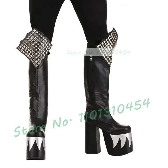 Bottes de démon noires à plateforme haute et talon carré pour homme et femme style britannique pour cosplay et occasions spéciales hivernales