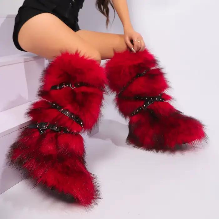 Bottes à plateforme mi-mollet avec ceinture en fourrure animale rouge pour femme, Parker rond, peluche, chaud, sans lacet, rivet, chaussures de piste, sexy, hiver
