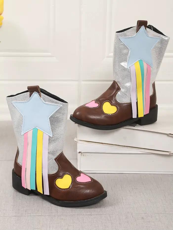 Bottines de cow-boy pour filles avec pompon arc-en-ciel et étoile, décorations en forme de cœur, fermeture éclair latérale intérieure, talon bas et épais, style western