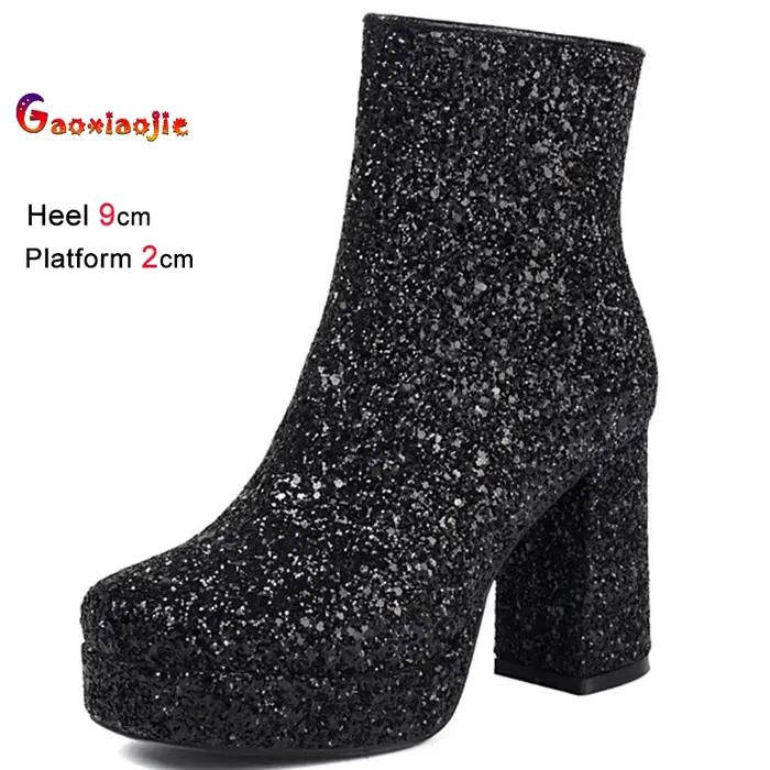 Bottines noires à paillettes pour femmes, talons bloc de 9cm, bottes courtes avec fermeture éclair latérale, chaussures de fête, taille 45, automne et hiver